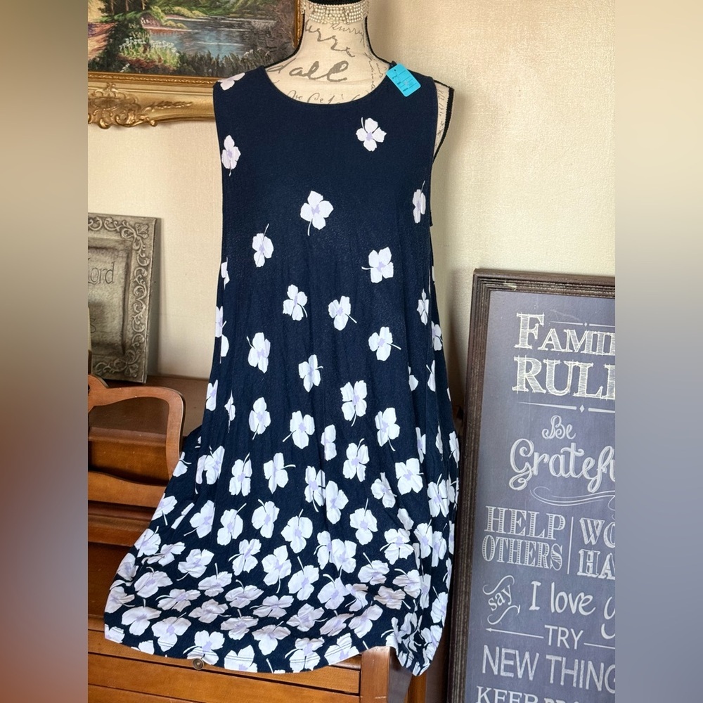 LOFT Navy Floral Sleeveless Swing Dress